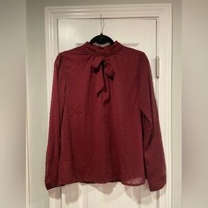 NWT Aconiya Size M Burgundy Swiss Dot Chiffon Lined High Neck Bow Lined Top